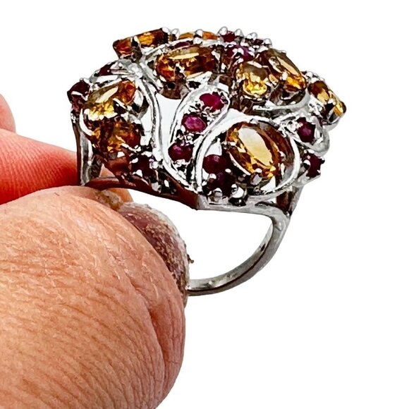 Yellow Citrine and Ruby Domed Sterling Silver Ring Size 7 - Picture 4 of 6